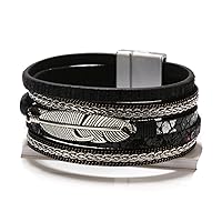 LSxAB Multi-Layer Feather Leather Wrap Bracelet for Women Stackable Wristband Braided Cuff Bangle Bracelets Handmade Jewellery