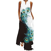 Women's Long Dress Striped Floral Print Sleeveless Maxi Dresses Swing Hem Holiday Sun Dresses Loose Fit Comfy Dress