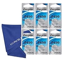 6 Energizer 2450 CR2450 ECR2450 Lithium Batteries - with Loopacell Brand Microfiber Cleaning Cloths Ultra Smooth