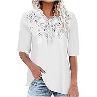 Summer Embroidered Tee Tops Women Button Frill Trim V Neck T-Shirts Vintage Floral Peasant Boho Short Sleeve Blouses