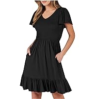 Womens Summer Dresses Casual Flutter Short Sleeve V Neck Smocked Dress Pleated Ruffle Flowy Tiered Mini Dress with Pockets