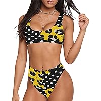 Sport Top & High-Waisted Bikini Swimsuit Women Polka Dot Yellow Black Swimwear
