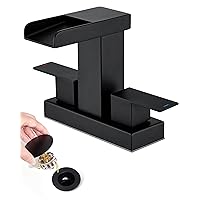 Waterfall Bathroom Sink Faucet - 4 Inch Centerset Bathroom Faucet Two Handles, Matte Black Bathroom Sink Faucets for 2 or 3 Hole, Stainless Steel Vanity Faucet with Pop-Up Drain & Supply Line