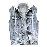 Short Denim Vest Men Detachable Hooded Coat Spring Summer Side Pockets Sleeveless Jeans Jacket Men's Tops