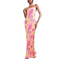 Womens Sexy Strapless Long Maxi Tube Dress Slim Fit Bodycon Floral Dress Night Party Club Tight Dress