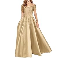 Women’s Off Shoulder Satin Prom Dresses with Sleeve, Lace Appliques Formal Evening Party Gowns with Pocket