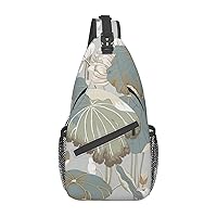 Sling Backpack,Travel Hiking Daypack Black Lily Pads Print Rope Crossbody Shoulder Bag
