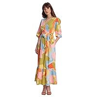 Donna Morgan Women's Abstract Colorful Printed V-Neck Bottom Tier Maxi Dress with 3/4 Puff Sleeves