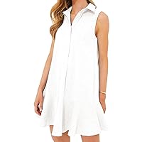 Womens Tunic Shirt Mini Dresses Sleeveless Button Down Cotton Shirt Dress Ruffle Shift Dresses with Pockets
