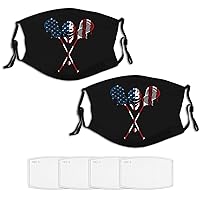 2 Piece Face Mask Set Plus 4 Replaceable Air Filters Lacrosse American Flag 4th of July Washable Reusable Adjustable Black Cloth Bandanas Scarf Neck Gaiters for Adults Men Women Kids