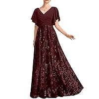 Sparkly Sequin Lace Mother of The Bride Dresses with Sleeves Long Pleated V-Neck Formal Dress with Appliques