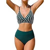 CUPSHE Women's Bikini Sets Two Piece Swimsuit High Waisted V Neck Twist Front Adjustable Spaghetti Straps Bathing Suit