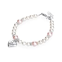 Luxury Sterling Silver Little Sister Heart Charm with White and Pink European Simulated Pearls, Stylish Baby Girl Bracelet (BLSC)