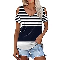 Linen Shirt, 60S Outfits for Women Teen Summer Tops Women's Off-Shoulder Fashion Tee V-Neck Summer Shirt Solid Color Trendy Tshirt Loose Short Sleeve Womens 2024 Tops Business (Navy,3X-Large)