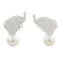 NOVICA Handmade .925 Sterling Silver Cultured Freshwater Pearl Button Earrings Elephant from Thailand White Animal Themed Birthstone [0.5 in L x 0.4 in W] 'Pure Elephants'