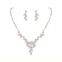 Women Marquise Cut Cubic Zirconia Leaf Bridal Y-Necklace and Dangling Earring Jewelry Set for Wedding