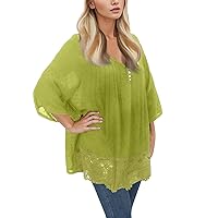 Women's Plus Size Linen Gauze Tops for Women 2024 3/4 Sleeve V Neck Oversized Skirts Casual Trendy 2024 Clothing Lace