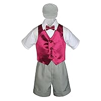 5pc Baby Toddler Boy Burgundy Vest Bow Tie Silver Shorts Suit Cap S-4T (L:(12-18 months))