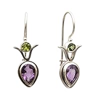 NOVICA Handmade Amethyst Peridot Dangle Earrings from Bali .925 Sterling Silver Indonesia Gemstone Birthstone [1.3 in L x 0.4 in W x 0.2 in D] 'Sparkling Together'
