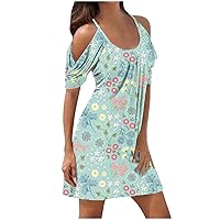 Beach Dresses for Women 2024 Vacation Tunic Dress Short Sleeve Cold Shoulder Casual T-Shirt Swing Beach Sundresses
