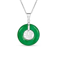 Asian Style Framed Rectangle Circle Round Medallion Good Fortune Fu Character Chinese Symbol Dyed Green Jade Agate Pendant Necklace For Women 14K Yellow Gold Plated .925 Sterling Silver