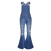Big Girls Stretchy Denim Pants Distressed Ripped Jeans Rompers Jumpsuit Bell Bottoms Bib Overalls