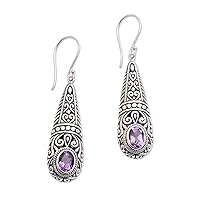 NOVICA Handmade 925 Sterling Silver Amethyst Dangle Earrings Sparkling from Bali Indonesia Birthstone Gemstone [2.1 in H x 0.5 in W x 0.2 in D] 'Sparkling Journey'