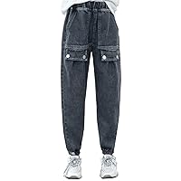 Girls Solid Color Elastic Waist Cargo Baggy Jeans Pants with Pockets Students Girls School Casual Playwear