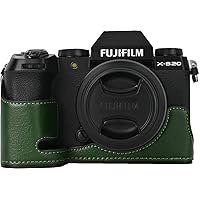 X-S20 Case, Handmade PU Leather Half Camera Case Bag Cover Bottom Opening Version for Fujifilm X-S20 With Neck Strap Mini Storage Bag (Green)