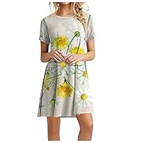 Beach Dresses for Women Casual Summer, Crewneck Classic 3/4 Sleeve Sundress Pleated High Waist Floral Maxi Dress