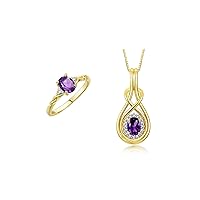 Rylos Matching Love Knot Jewelry Set Yellow Gold Plated Silver Ring & Pendant Necklace. Gemstone & Diamonds, 8X6MM & 7X5MM Birthstone; Sizes 5-10