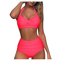 Swimsuit Women Two Piece Vintage Twist Front Push Up Bikini Set Retro Halter Ruched High Waisted Bottom Bathing Suits