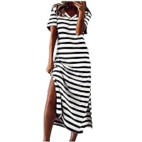 Short Sleeve V Neck T Shirt Dress for Women Casual Stripe Midi Dress Loose Fit Summer Beach Side Split Going Out Dress