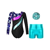 FEESHOW Girls Kids Sequins Long Sleeve Leotard Gymnastic with Metallic Sports Shorts Set for Swim Active Dance