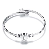 KunBead Jewelry Women Girls Initial Letter Cuff Bracelet Silver Alphabet Love Heart Bangle Bracelets Gift for Birthday Stainless Steel