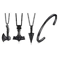 3 Pcs Norse Viking Necklace for Men Thors Hammer Norse Mjolnir Amulet Pendant Necklace with Norse Viking Cuff Bracelet for Men