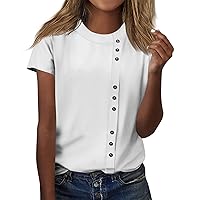 Womens Summer Tops 2024 Crewneck Button Solid Color Tops Summer Short Sleeves Plus Size Trendy Blouse Basic Tee