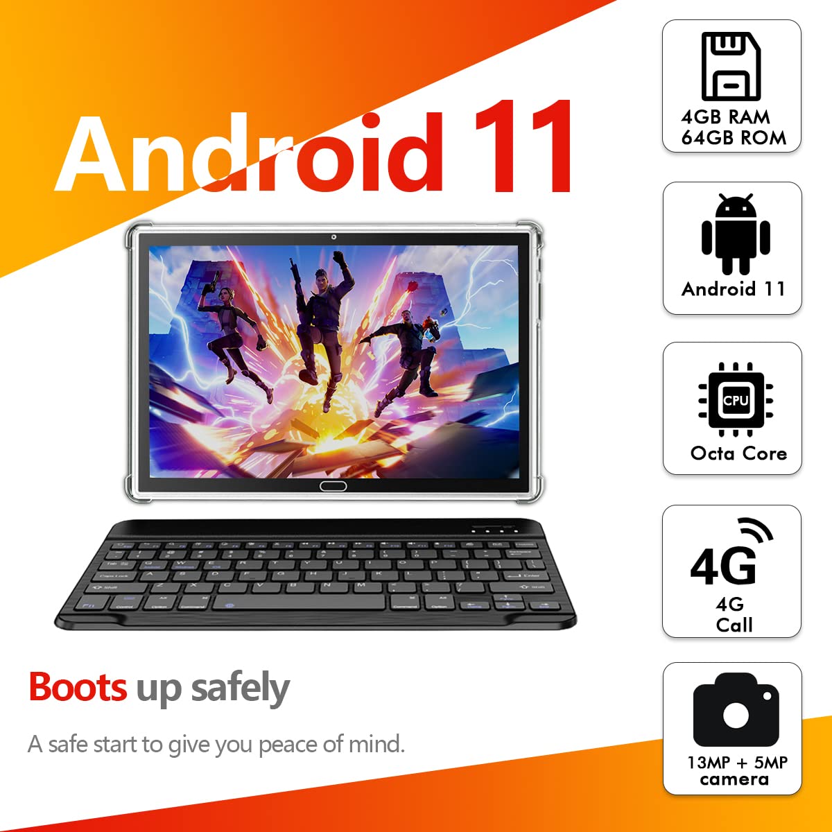 Tablet 2023 Newest 2 in 1 Tablet 10 inch Android 11 4G Cellular Tablet with Dual Sim Card Slot 4GB+64GB+512GB Expandable Storage Octa-Core 13MP Camera WIFI Tablet with Keyboard Mouse Stylus(Black)