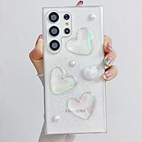 Compatible with Samsung Galaxy S24 Ultra Bling Case Laser Colour 3D Crystal Love Heart Pearl Diamond Glitter Clear Case Cute Girly Women Slim Soft TPU Transparent Phone Cover