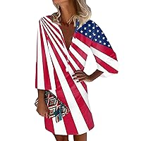 Flag Dresses Patriotic Dress for Women Sexy Casual Vintage Print with 3/4 Length Sleeve Deep V Neck Independence Day Dresses Red Large