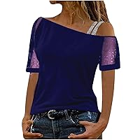Women One Shoulder Beaded Mesh Short Sleeve Tops Summer Fashion Sequin Strap Casual Loose Fit Solid Color Blouses