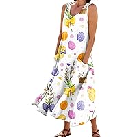 Women's Easter Dresses for Girls Summer Casual Fashion Printed Sleeveless Round Neck Pocket Dress, S-3XL