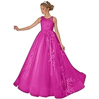 Long Pageant Dresses for Girls Wedding Lace Appliques Tulle Flower Girl Dress Fuchsia Princess Birthday Party Gowns Size 14