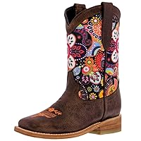 Kids Western Cowboy Boots Paisley Floral Design Leather Square Toe