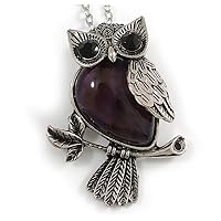 Vintage Inspired Amethyst Semiprecious Stone Owl Pendant with Silver Tone Chain - 70cm Long