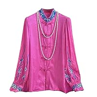 Red Chinese Style Rayon JacquardEmbroidered Collar Women' Long Sleeved Shirt