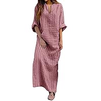 Women's Casual Retro Stripes Cotton Linen Dress with Kangaroo Pockets Long Sleeve V-Neck Loose Maxi Shirt Dresses