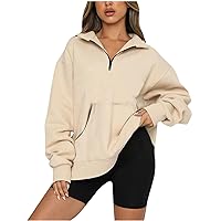 Women Fashion Fall Oversized Sweatshirts Casual Half Zip Long Sleeve Tops Solid Color Drop Shoulder Workout Pullover