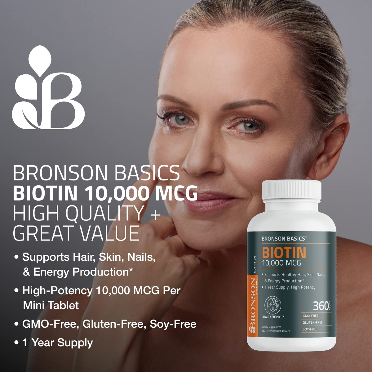 Bronson Biotin 10,000 MCG Supports Healthy Hair, Skin & Nails & Energy Production - High Potency Beauty Support - Non-GMO, 360 Vegetarian Tablets