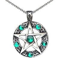 Celtic Star Pentagram Pentacle Green Crystal Magic Wicca Wiccan Pagan Silver Pewter Men's Pendant Necklace Protection Amulet Wealth Fortune Luck Lucky Charm Safe Travel Talisman Stainless Steel Chain